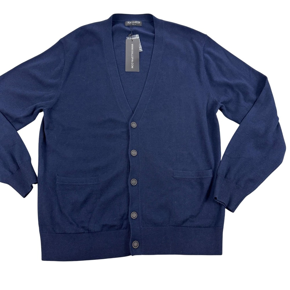 Kallspin Cardigan Sweater Mens Large Blue‎ Wool Blend V Neck Button Front NEW
